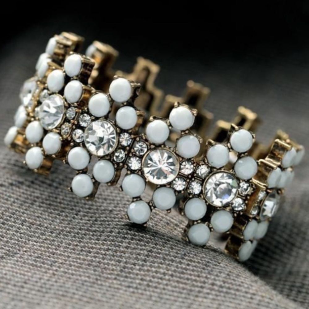 Elastic Stretch Bangle Vintage Bracelet White Bead & Diamond Glass Crystal